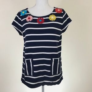 Boden Flower Embroidered Collar Striped Top Size 8